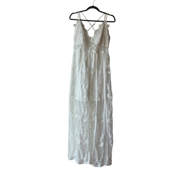 Rebellion Again White Lace Maxi Dress L | Boho Festival Sheer Overlay Strappy - Picture 1 of 12